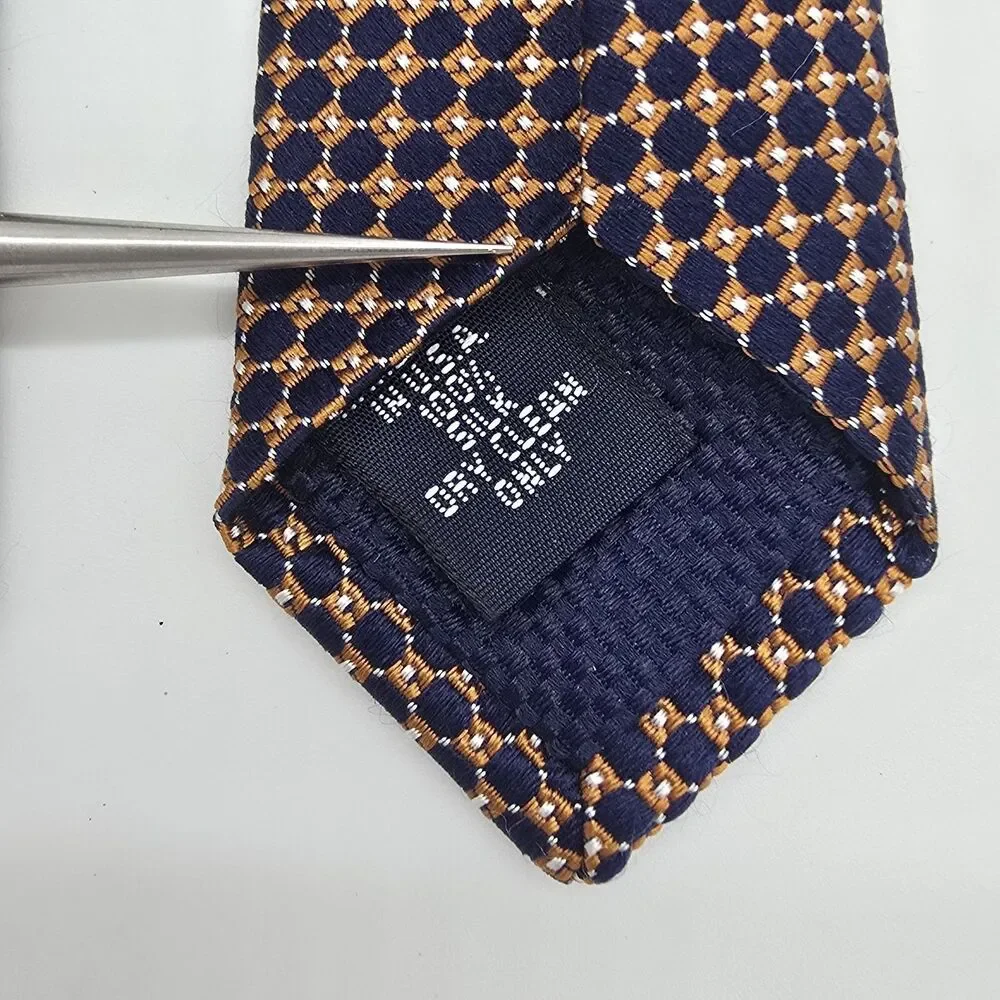Cremieux Collection Handmade Silk Tie Navy Copper/Orange Repeating Geometric